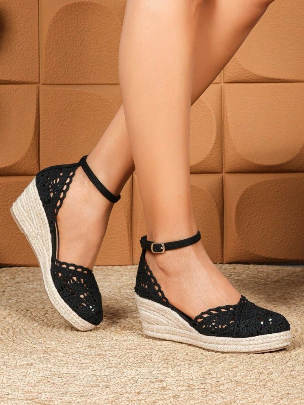Black Bohemian Women's Crochet Round Toe Platform Wedge Heels
